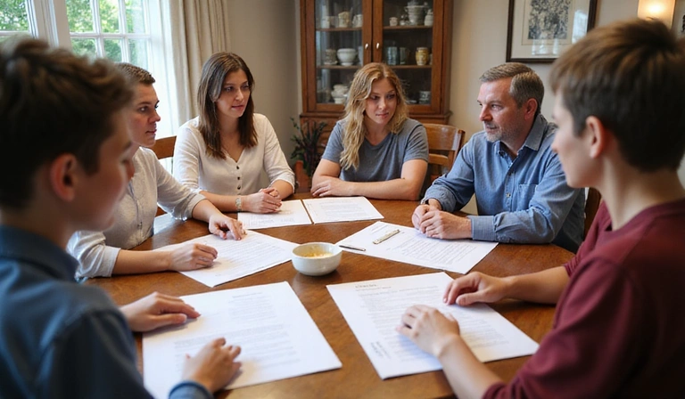 Family discussing inheritance planning around dining table