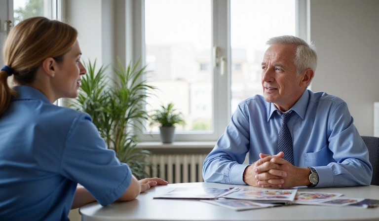 Senior man discussing healthcare options with professional