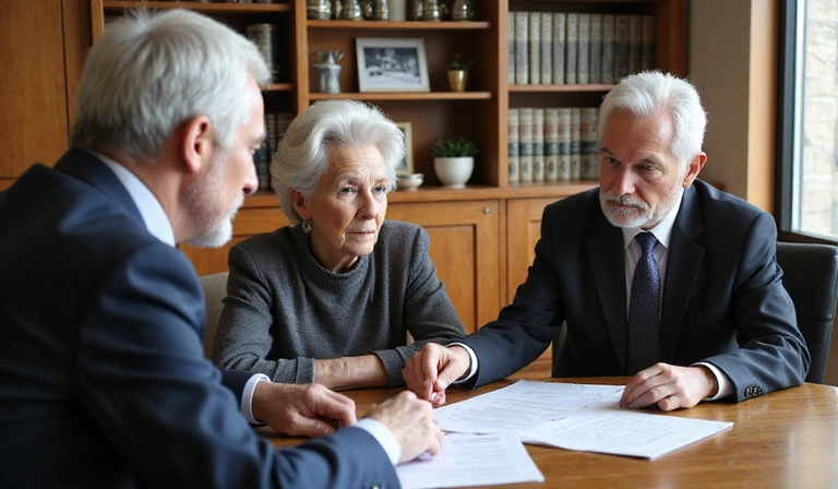 Senior couple reviewing legal documents with a lawyer