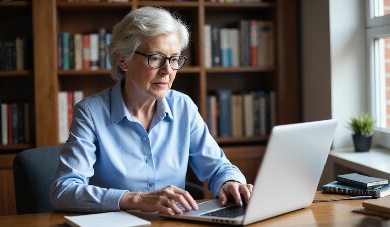 Senior woman using computer for online legal research