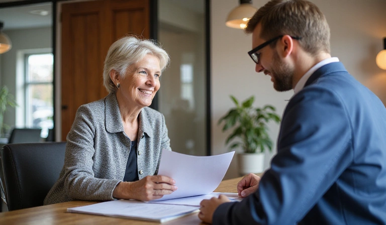 Friendly customer service representative assisting elderly client