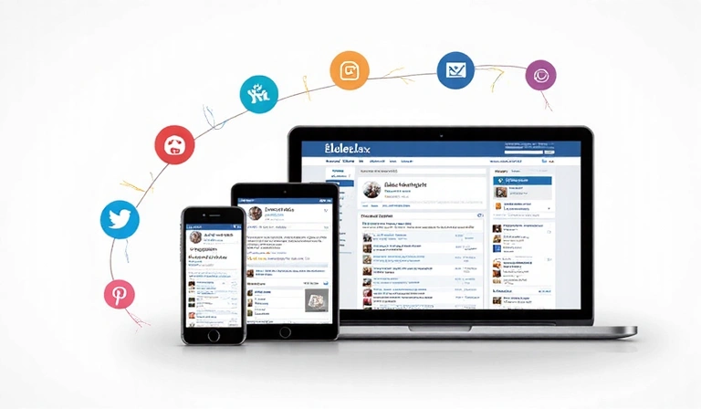 Social media icons and devices showing ElderLex Services content