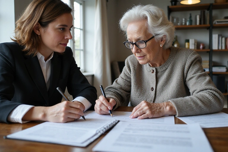 Senior woman signing legal documents with assistance