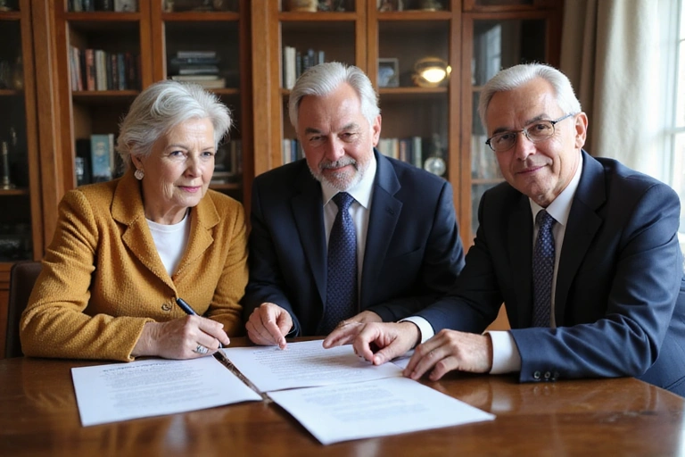 Senior couple reviewing legal documents with attorney