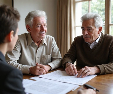 Happy elderly couple with legal documents